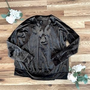 Bobeau Velvet Olive Lace-Up Top